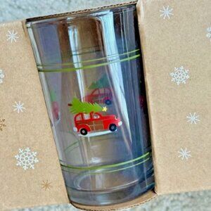 NEW S4 Pottery Barn Christmas Car Juice Glasses | Woody Juice Glass 3265753 NIB